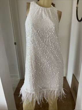 Aidan Aidan Mattox Sequin Feather Hem White Shift Dress